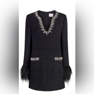 Cinq à Sept Black Boucle Embellished Long Sleeve Dress with feather sleeves
